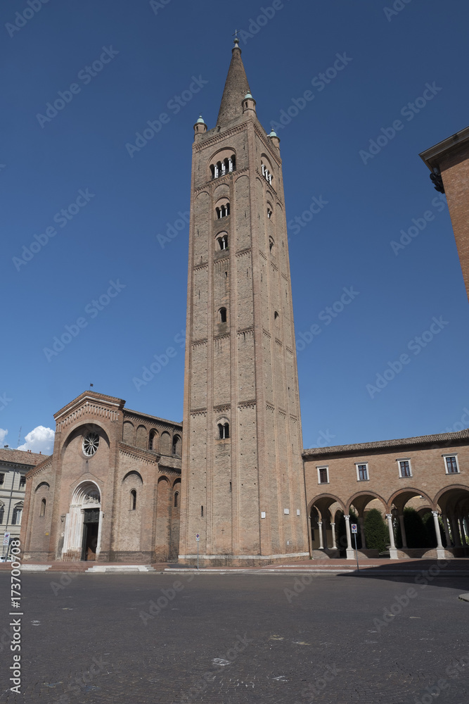 Forli (Italy): Aurelio Saffi square with church of San Mercuriale