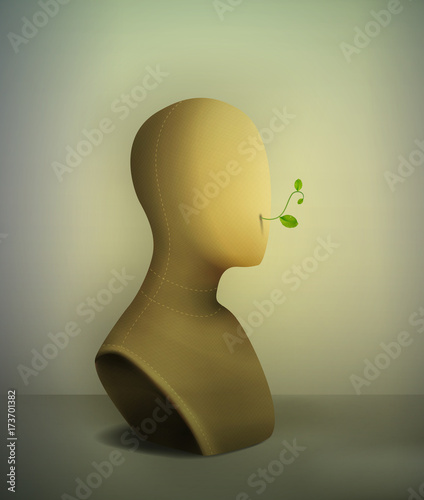 keep quiet no words concept, realistic vintage mannequin with plant pierce from the inside,