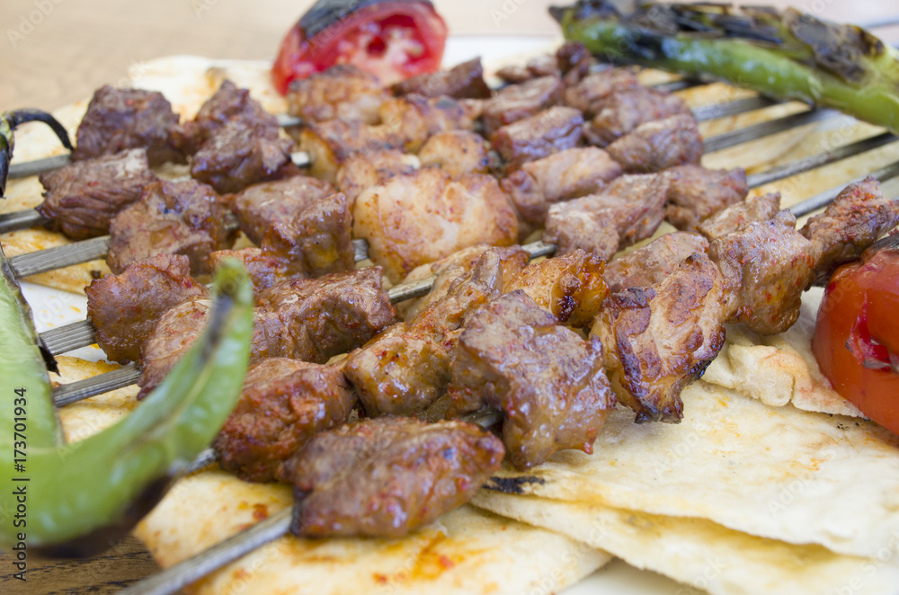 shish kebabs menu and vegetables