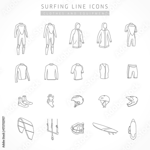 Vector set of kite surfing and active sport line icons. Icons of clothing and equipment for surfing - indoor suit, vest, kiteboard, neoprene shoes, shorts, gloves, helmets, trapeze, bags board, strap photo