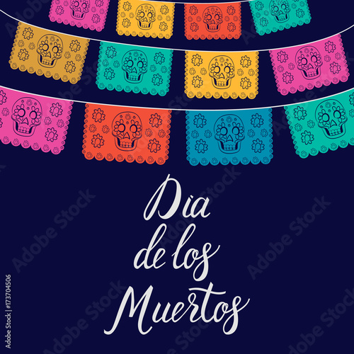 Dia de Los Muertos, Mexican Day of the Dead card, invitation. Party decoration, string of lights, handmade cut paper flags, skull, floral decor. Old wooden background.