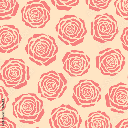 Hand drawn vector pink roses silhouettes seamless pattern on the beige background. Astract delicate floral ornament.