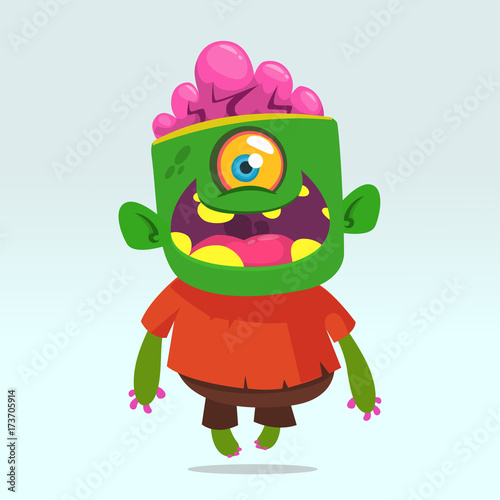 Vector cartoon image of a funny green zombie with big head in brown pants and red t-shirt walking to the right and smiling on a light gray background. Halloween. Vector illustration.
