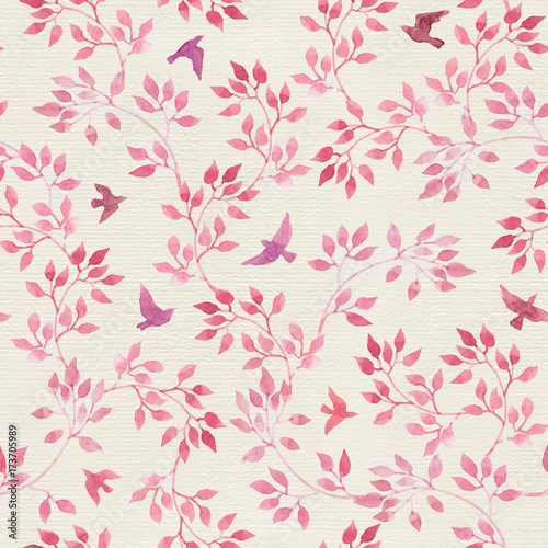 Seamless vintage pattern with hand painted pink leaves, birds. Watercolor girly or feminine design © zzorik