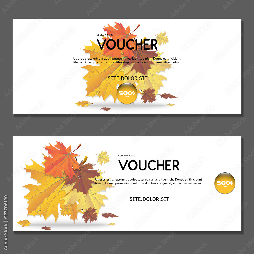 Naklejka premium Gift voucher. Vector. Autumn yellow leaves.