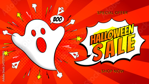 Halloween Sale Web Banner with Ghost. Holiday red Card with Seasonal Offer. Vector Illustration in Pop Art Style.