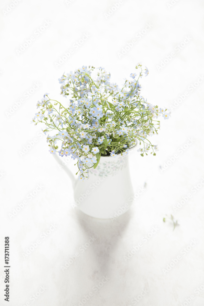 Bunch of forget-me-nots in vase on white background. Romance concept. Selective focus.