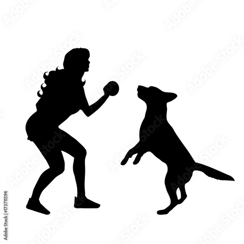 Vector silhouette of woman with dog on white background.