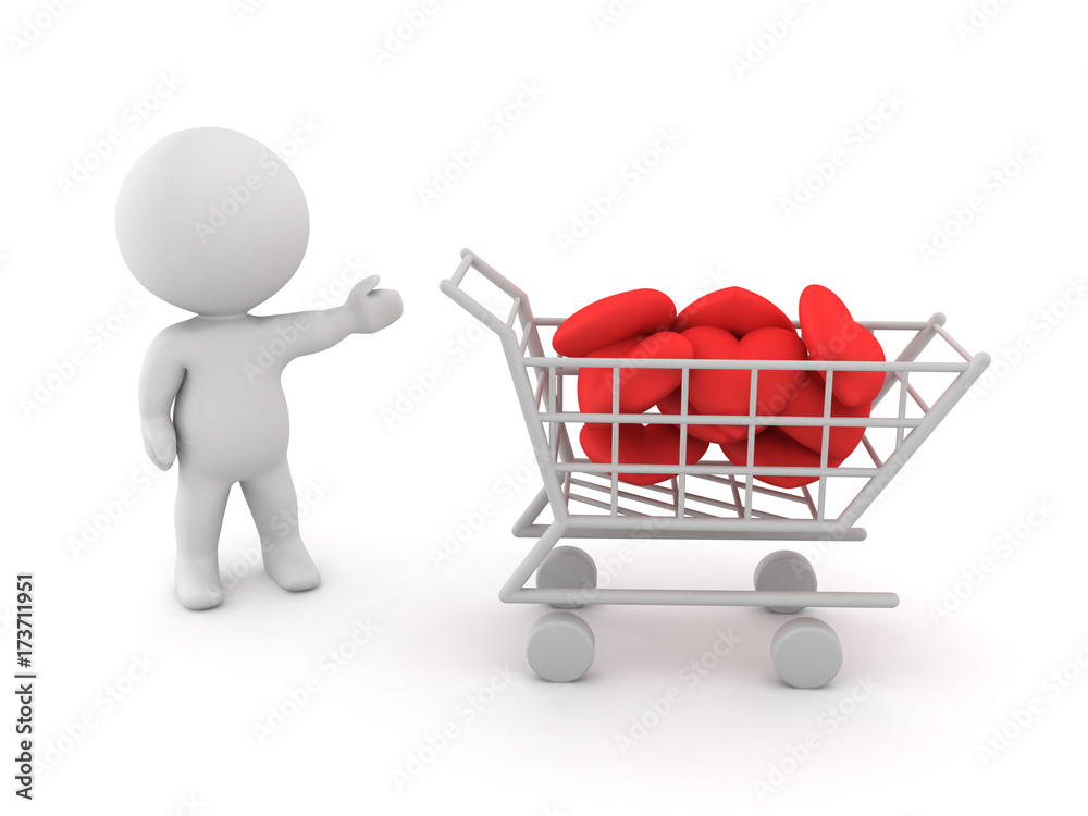3D Character showing a shopping cart filled with hearts 3D Character showing a shopping cart filled with hearts