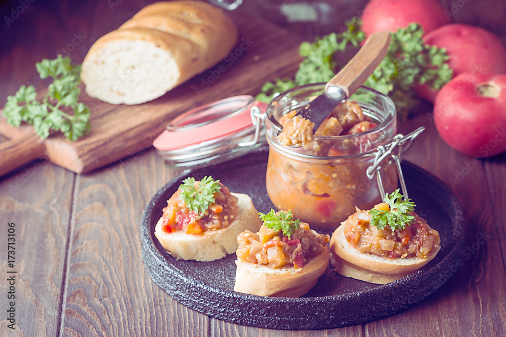 Bread toasts with eggplant caviar. Bread toasts with eggplant caviar.