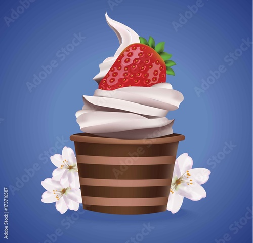 Chocolate cupcake with vanilla frosting and strawberry on top. Vector realist...