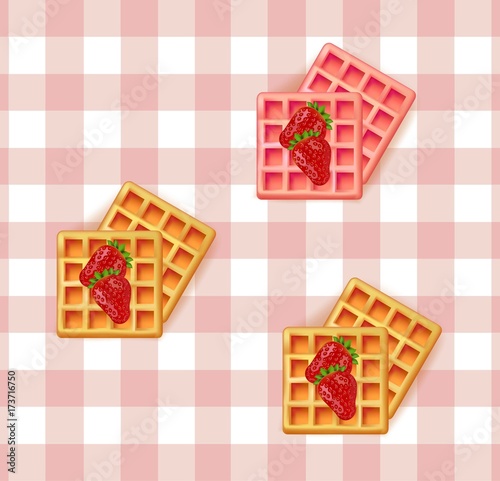 Breakfast waffles on vintage pattern Vector background