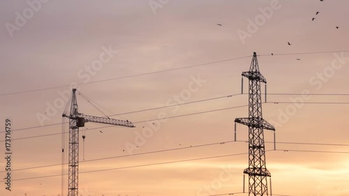 Power line, construction crane and birds with creamy colorful sky in the morning