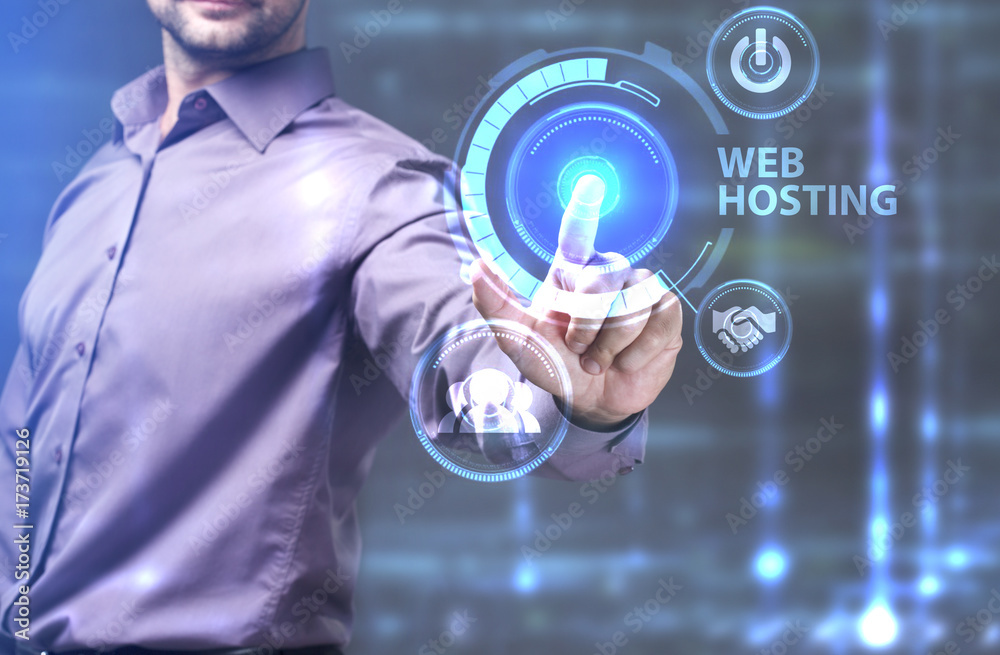 The concept of business, technology, the Internet and the network. A young entrepreneur working on a virtual screen of the future and sees the inscription: Web hosting The concept of business, technology, the Internet and the network. A young entrepreneur working on a virtual screen of the future and sees the inscription: Web hosting