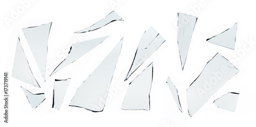 Piece and group of broken glass on white background , texture decoration backdrop object design