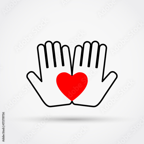 Heart on the palms. Charity symbol. Vector illustration.