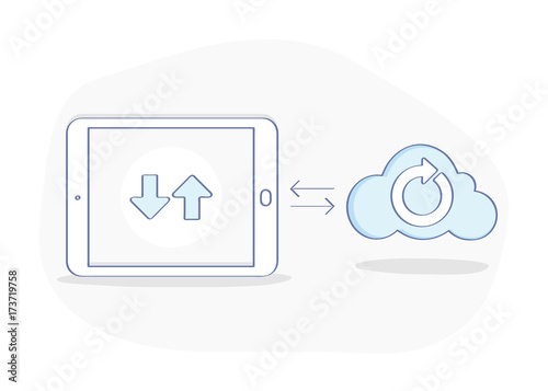 Cloud computing, data sync between tablet and cloud storage. Service exchange or data processing, network of devices. Flat outline icon concept, technology template.