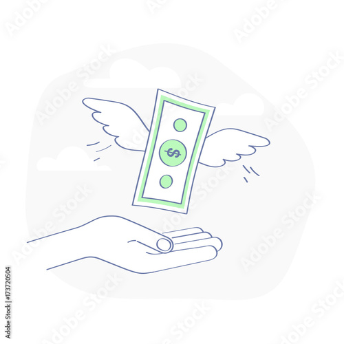 Financial freedom, costs, budget losses, loss of money. Money with wings flew away.
