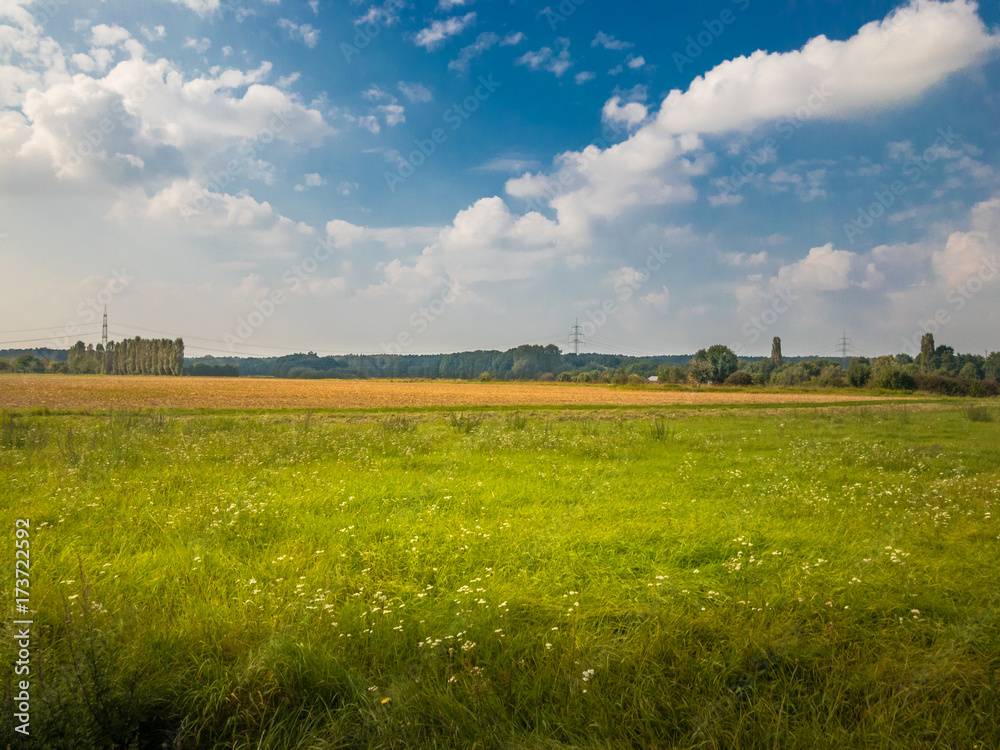 Obraz premium Panorama view on German meadow and agriculture field in autumn