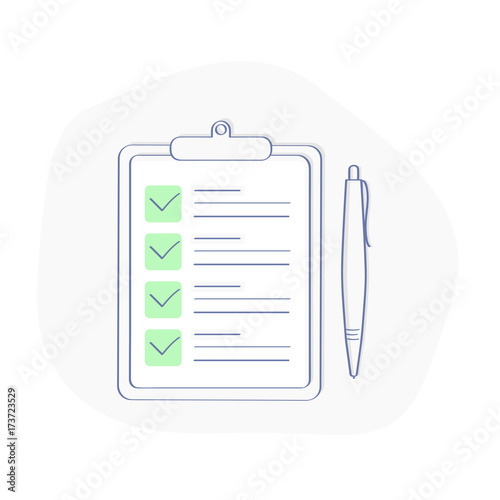 Checklist Clipboard illustration, Flat Outline Clipboard with check Marks, Tick icons. Search, Analysis, Examination, Review, Checkup or Inspection vector concept
