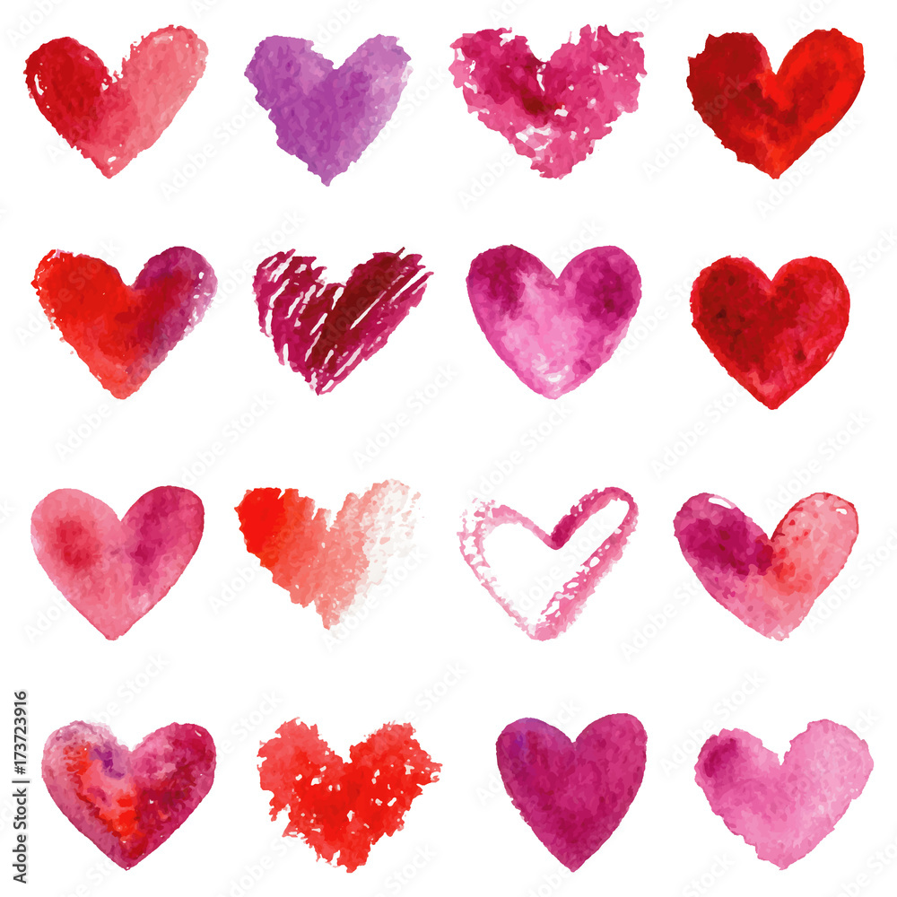 Watercolor hearts set. Red, purple, violet watercolor hearts.