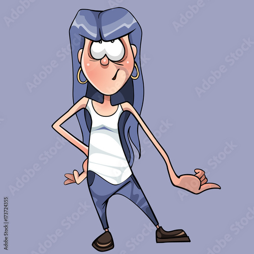 cartoon funny teen girl with long hair looking up
