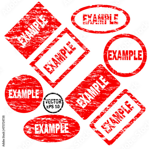 Example set of red round and square rubber stamps with carved inscription and grunge texture isolated on white background