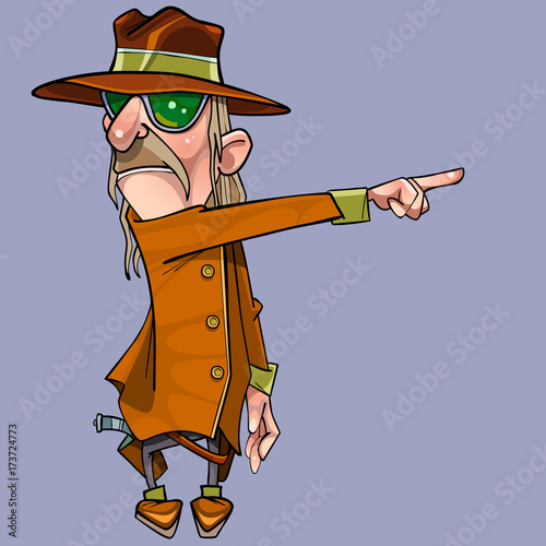 cartoon serious man in coat and hat shows finger to side