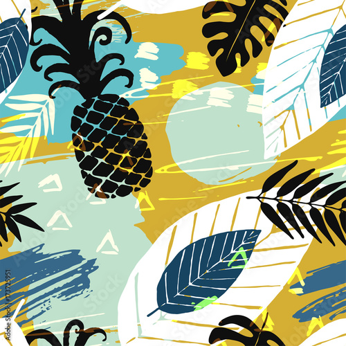 Seamless pattern with abstract watercolor stains, tropical leaves, pineapples, paint brushes freehand strokes
