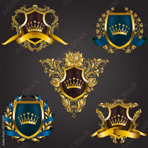 Set of golden royal shields with floral elements, ribbons, laurel wreaths for page, web design. Old frame, border, crown, divider in vintage style for label, emblem, badge, logo. Illustration EPS10