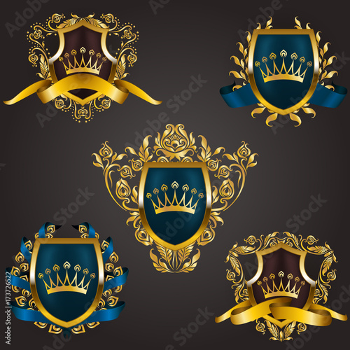 Set of golden royal shields with floral elements  ribbons  laurel wreaths for page  web design. Old frame  border  crown  divider in vintage style for label  emblem  badge  logo. Illustration EPS10