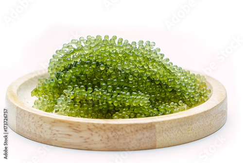 Seagrapes (green caviar ) seaweed in wooden plate photo