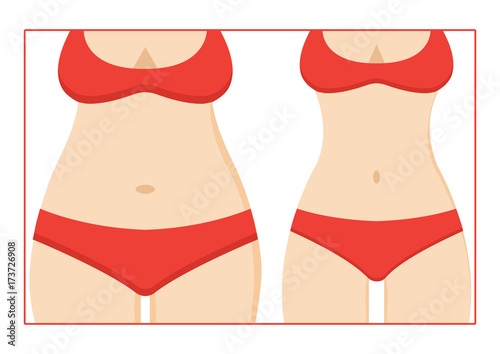 Fat and slim woman figure in a red swimsuit, before and after weight loss. Female body silhouette. Vector illustration