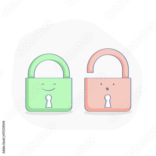 Lock open and lock closed vector isolated icons on white background, green and red padlocks shapes illustration, flat line cartoon UX UI design elements
