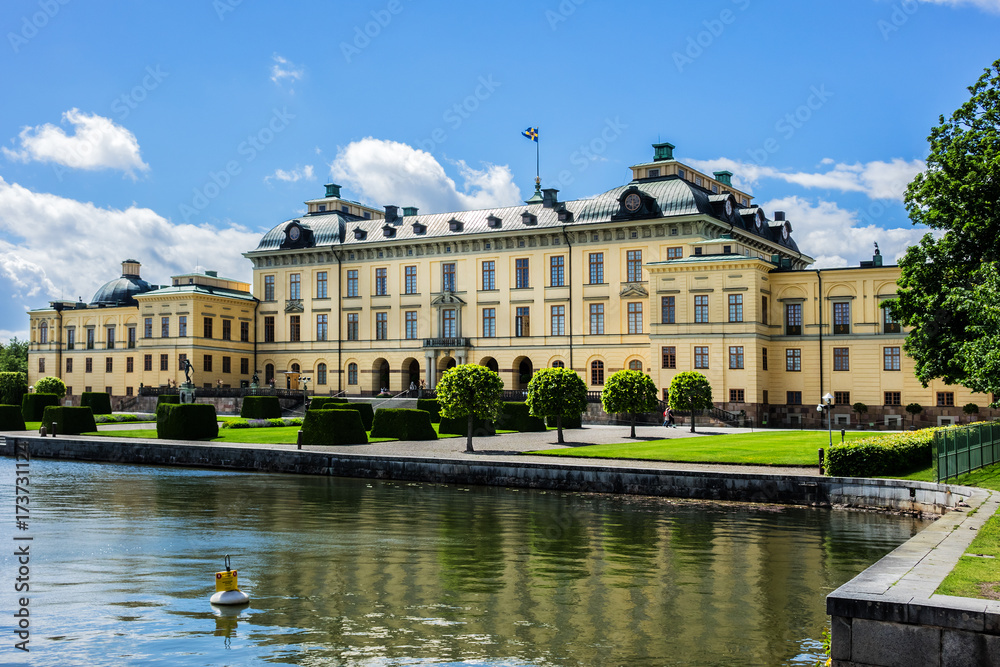 Fototapeta premium External view of Drottningholm Palace in Stockholm, Sweden. Drottningholm Palace is a UNESCO World Heritage site. It is the most well-preserved royal castle built in the 1600s in Sweden.