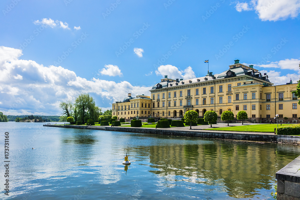 External view of Drottningholm Palace in Stockholm, Sweden. Drottningholm Palace is a UNESCO World Heritage site. It is the most well-preserved royal castle built in the 1600s in Sweden.