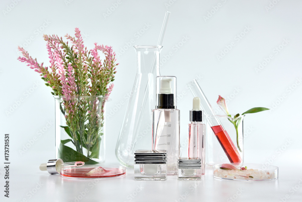 Cosmetic bottle containers with pink herbal leaves and scientific glassware, Blank label package for branding mock-up, Research and develop natural organic beauty skincare product concept. Cosmetic bottle containers with pink herbal leaves and scientific glassware, Blank label package for branding mock-up, Research and develop natural organic beauty skincare product concept.