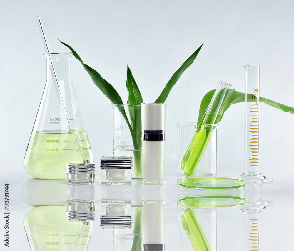 Cosmetic bottle containers with green herbal leaves and scientific glassware, Blank label package for branding mock-up, Research and develop natural organic beauty skincare product concept.