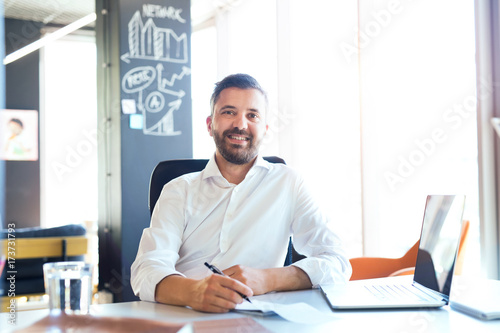 Businessman at the desk with laptop in his office.