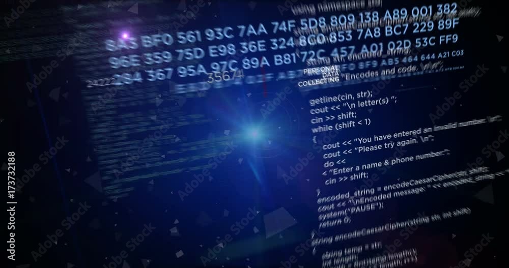 Big data collecting concept. Binary programming source code loop rendering animation.