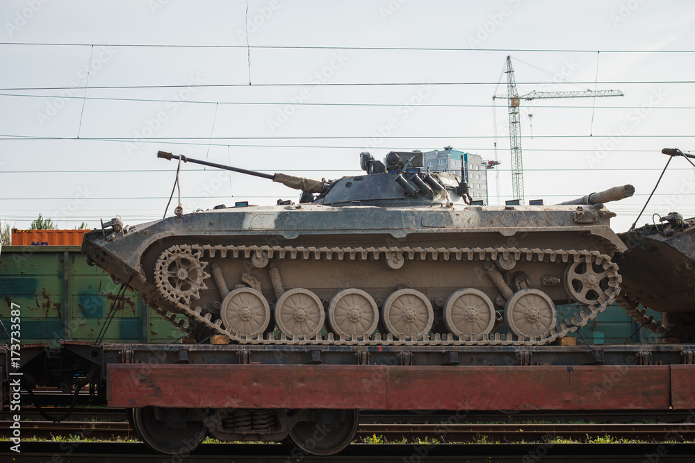 Tank tanks staying on railway platform. Military War concept