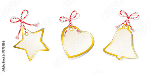 Weihnachts Karten, Etiketten Sammlung
Geschenkanhänger Set mit Goldrand und Schleife
Karten Set Stern, Herz und Glocke für Geschenke
Vektor Illustration isoliert auf weißem Hintergrund