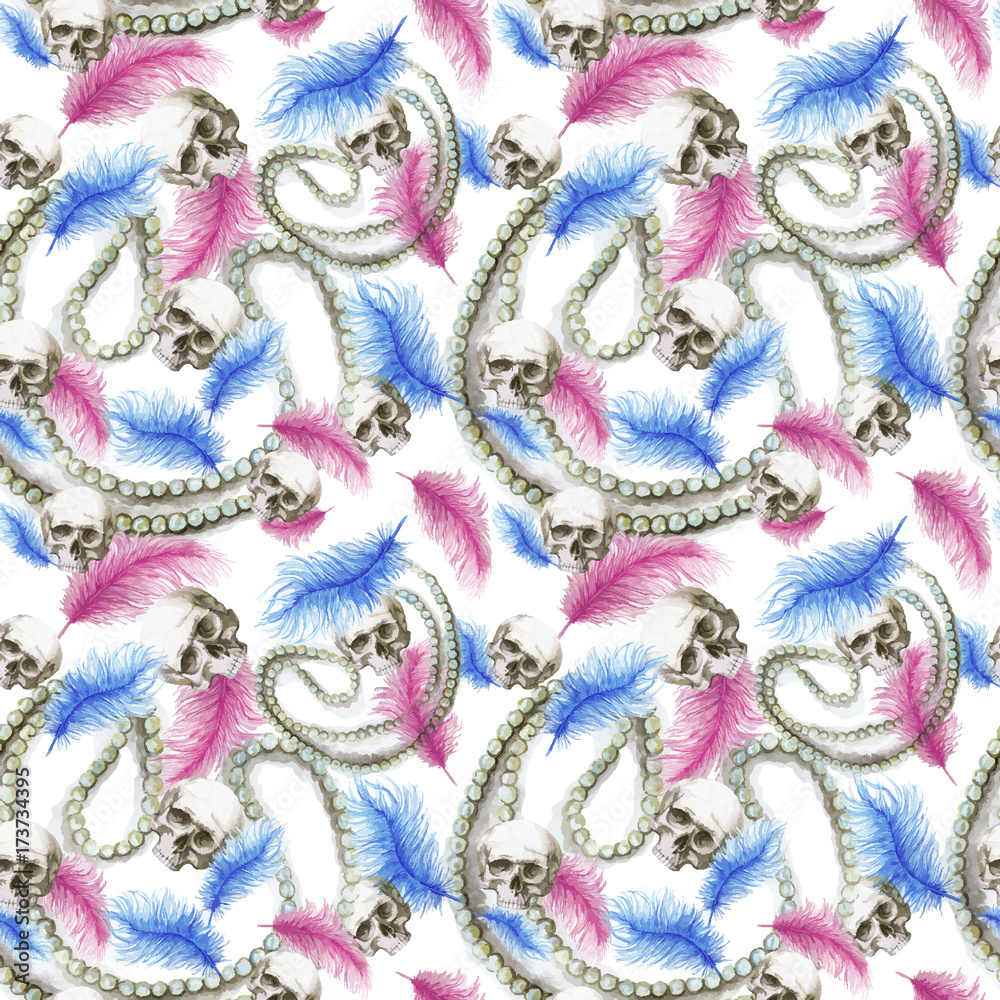 Watercolor pattern, seamless pattern, background, human skull for Halloween with pearl decorations and ostrich feathers pink, print for decor on a white background