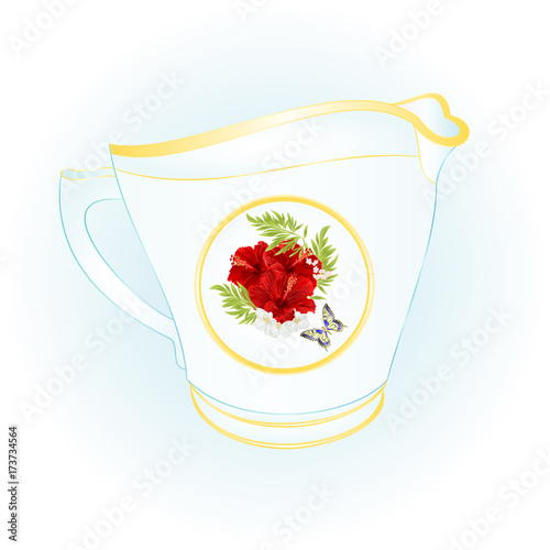 Milk jug of porcelain red hibiscus and butterfly  vintage vector illustration editable hand draw