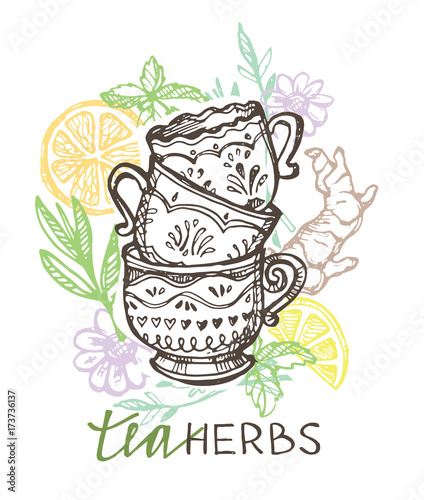 Hand drawn tea time collection. Cup and teapot. Vector illustration.