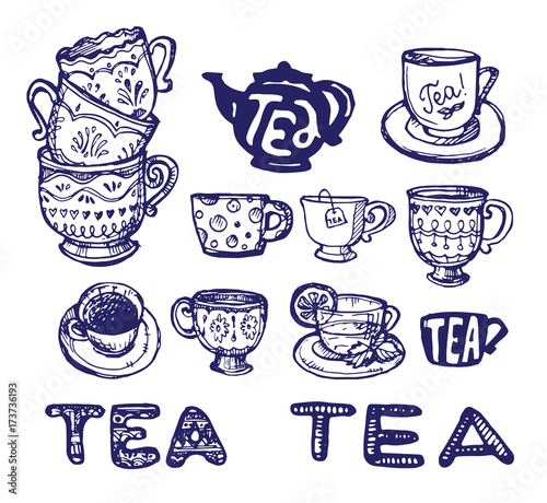 Hand drawn tea time collection. Cup and teapot. Vector illustration.