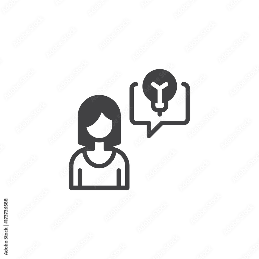 Business woman and idea icon vector, filled flat sign, solid pictogram isolated on white. Symbol, logo illustration. Business woman and idea icon vector, filled flat sign, solid pictogram isolated on white. Symbol, logo illustration.