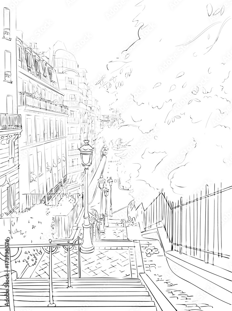 A walk through the city center of Paris, the famous district of Montmartre, the view from the stairs. Sketch, hand drawn vector image.
