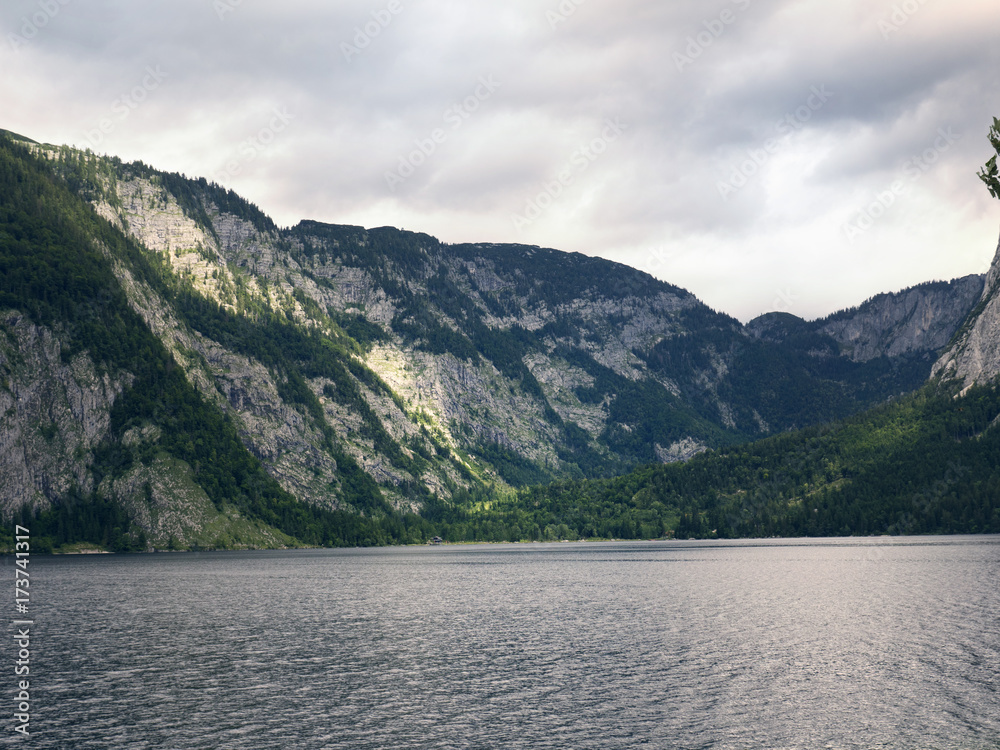 Mountain lake, Alpine massif, beautiful canyon in Austria. Alpine valley in summer, clear water. Healthy virgin mountain nature, destination for hiking, swimming vacation. Salzburg landscape, Altausee