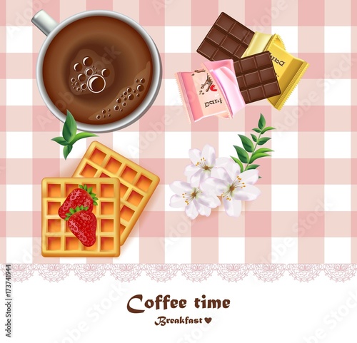 Fresh Coffee cup and waffles and chocolates breakfast Vector. Realistic drawi...